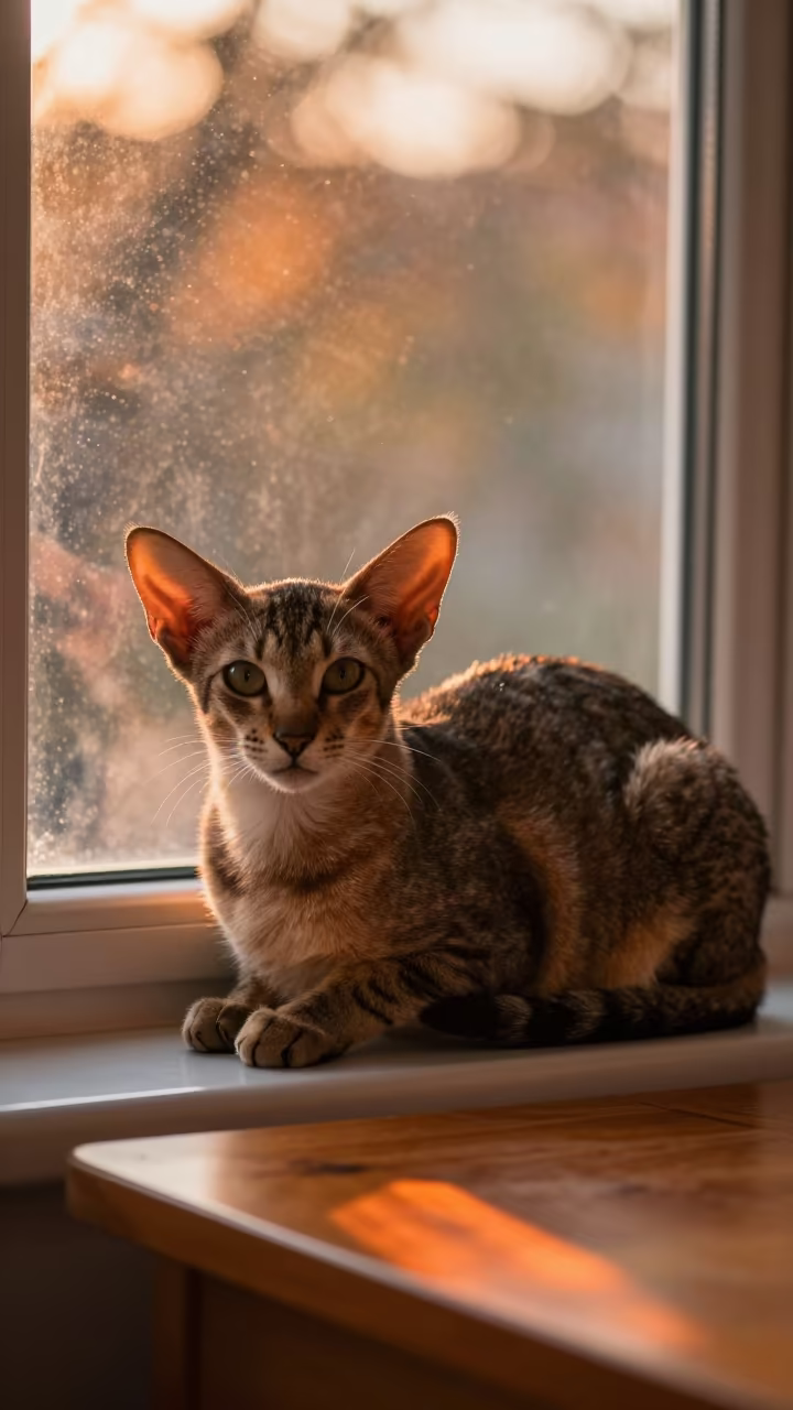 Oriental Shorthair Cat on Window Seat at Sunset in on a window seat in a quiet apartment with soft side light near Bathinda