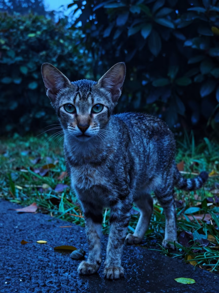 Oriental Shorthair Cat Portrait in Neon Dawn Light in near a garden edge with soft morning light and an uncluttered background in Man