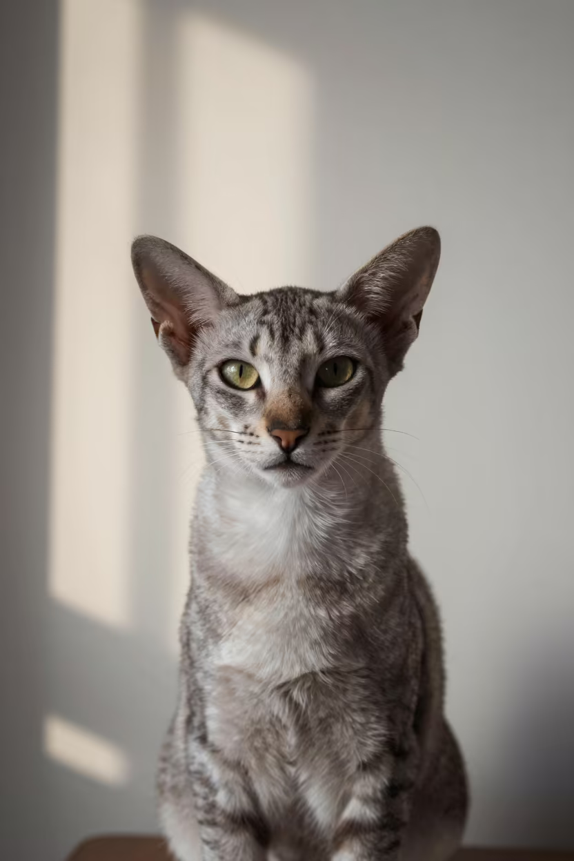 Oriental Shorthair Cat Portrait in Soft Studio Light in in a quiet portrait studio with a plain backdrop and eye-level framing in Greater Noida