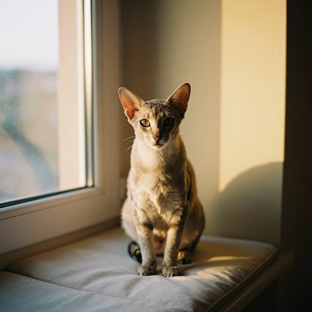 Oriental Shorthair Cat Portrait on Window Seat in on a cushioned window seat with soft side light and an uncluttered background in Gagnoa