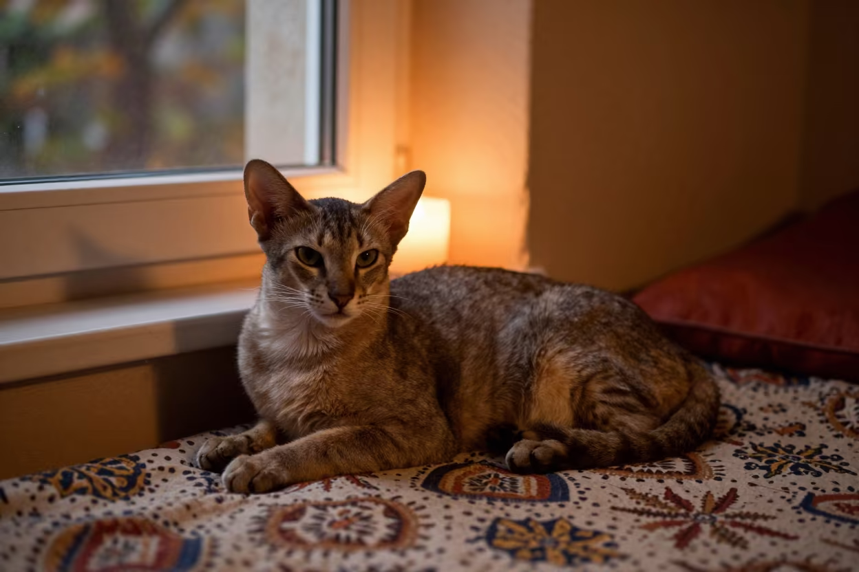 Oriental Shorthair Cat Twilight Window Light Biskra in on a bedspread near a bright window with calm indoor light in Biskra