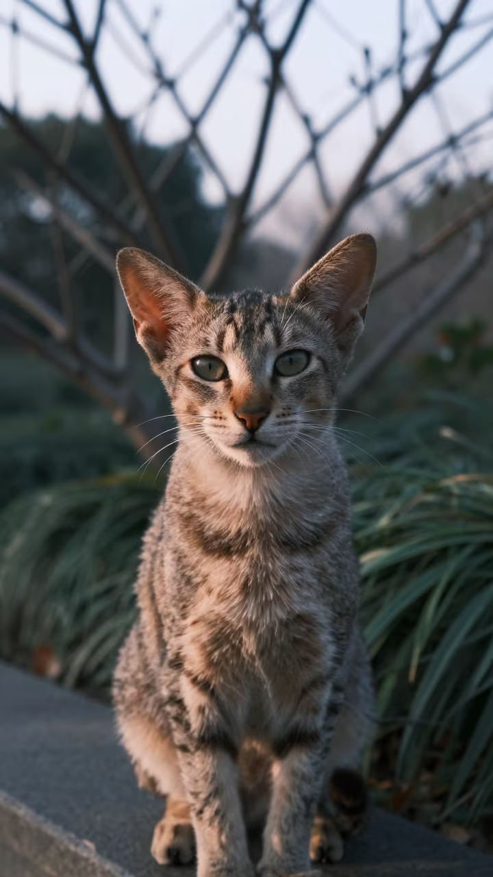 Oriental Shorthair Portrait in Hangzhou Garden Light in near a garden edge with soft morning light and an uncluttered background in Hangzhou