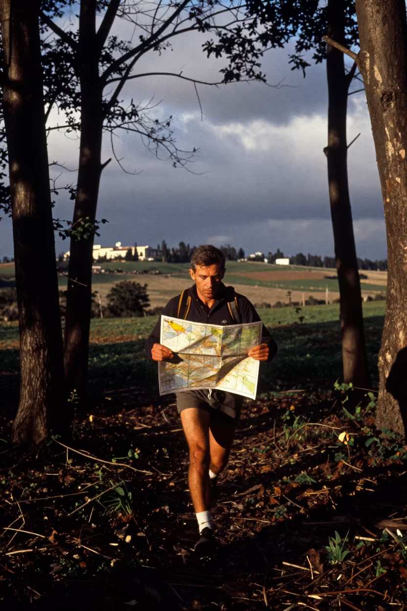 Orienteer Running Through Forest at Dusk in near open fields near Nablus