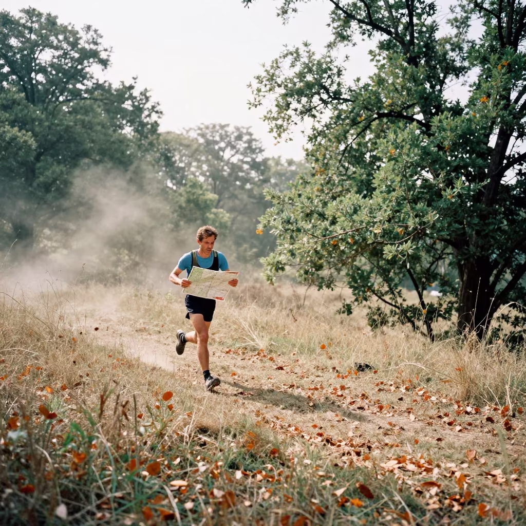 Orienteer Running Through Forest Hillside Near Trujillo in on a hillside near Trujillo
