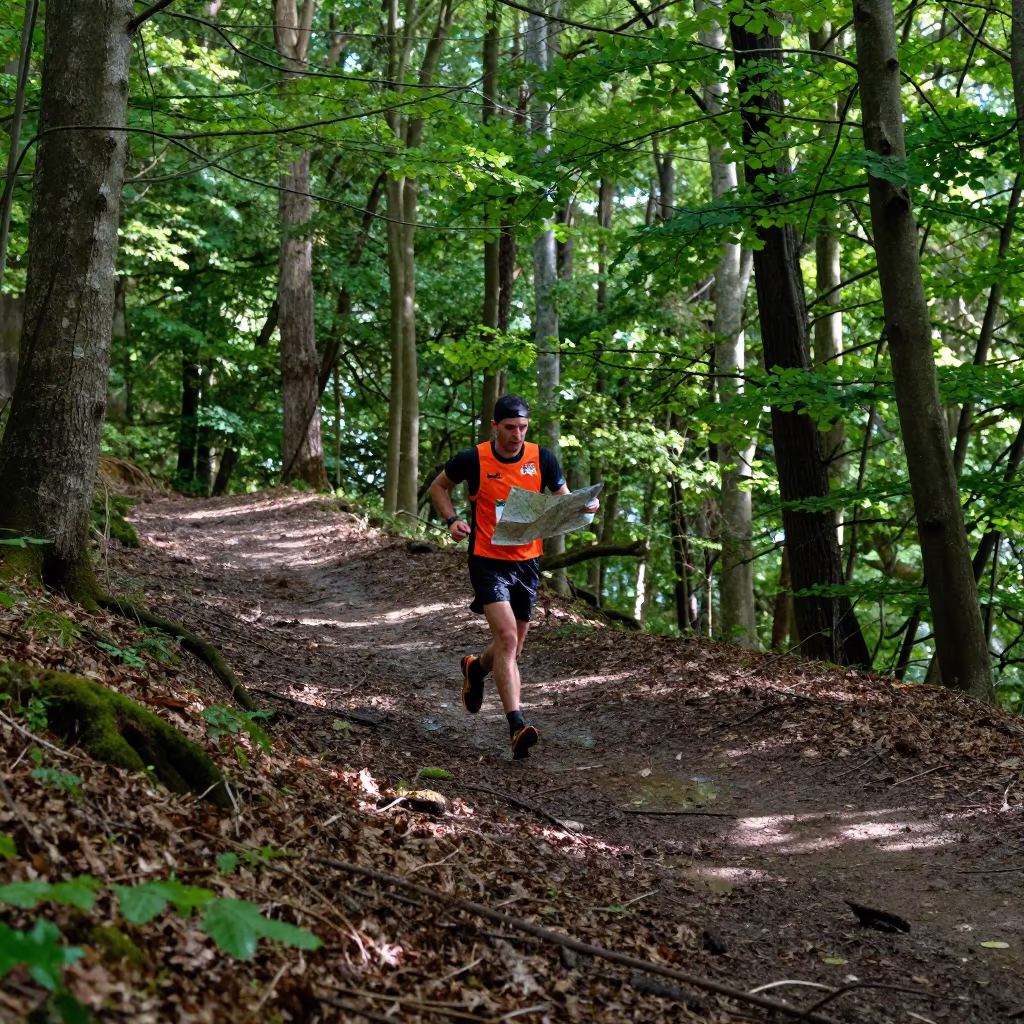 Orienteer Running Through Forest Hillside Utrecht in on a hillside near Utrecht