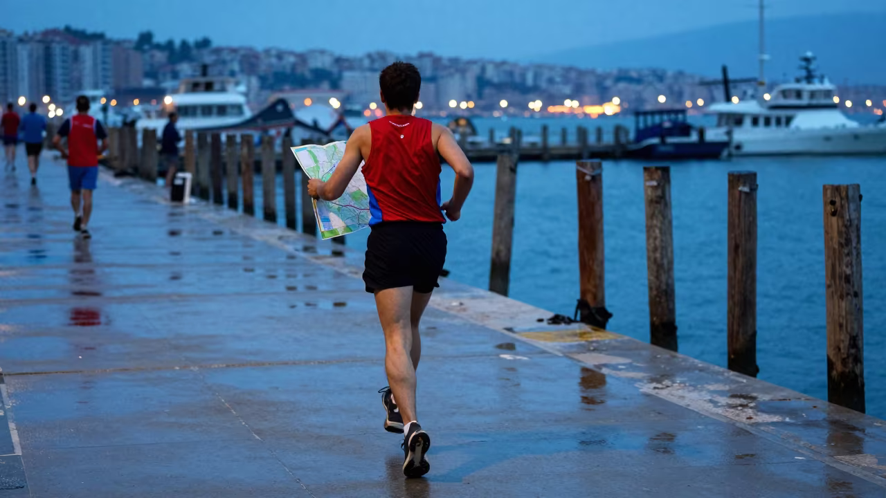 Orienteer Running Harbor Quay Evening Map in at a harbor quay near Adana