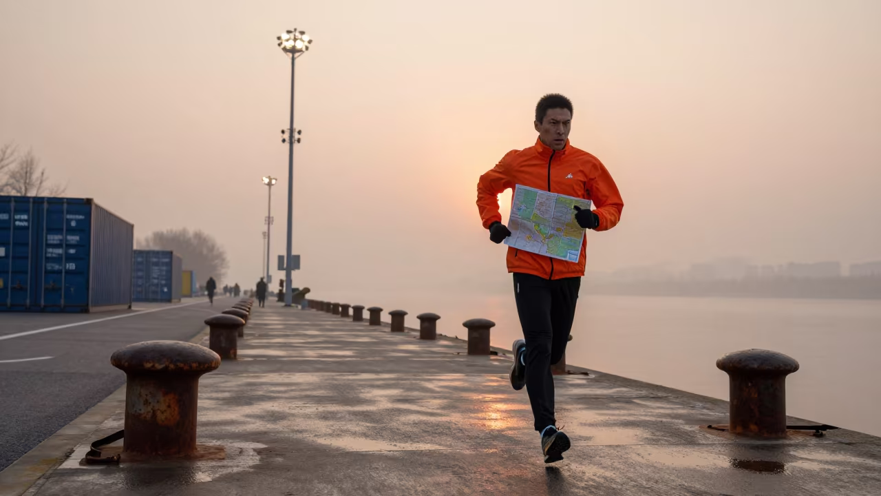 Orienteer Running Harbor Winter Fog in at a harbor quay near Changsha