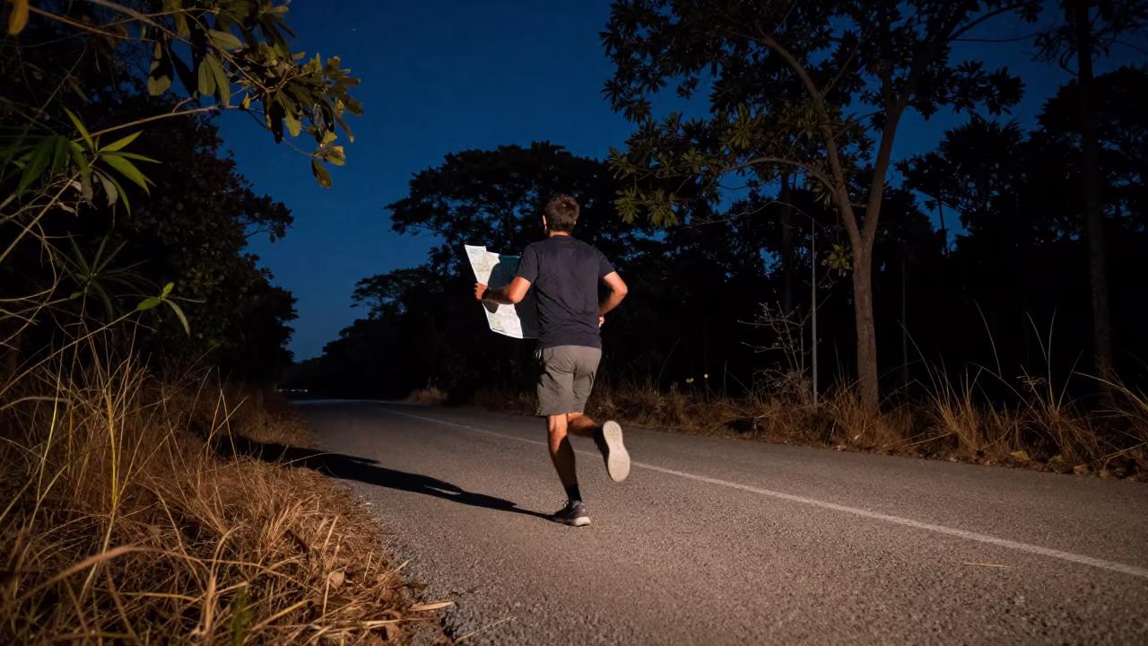 Orienteer Running Night Forest Road Bago in at a roadside stop near Bago