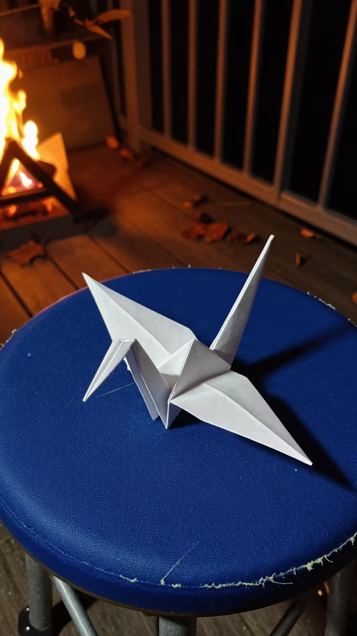 Origami Crane on Canvas Stool Midnight Firelight in on a pier railing near Karlin, Prague