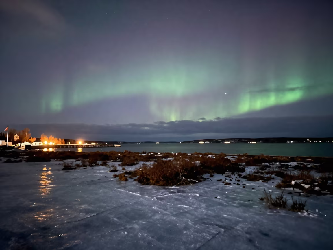 Orion Above Frozen Peat Bog Midnight Sweden in beside a lantern-dotted harbor in Sweden