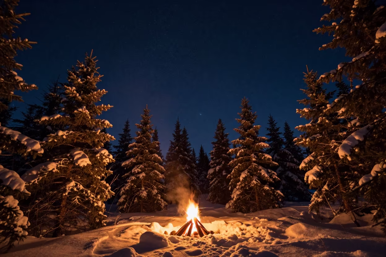 Orion Above Snowy Canadian Forest at Dawn in beneath a dark-sky overlook in Canada