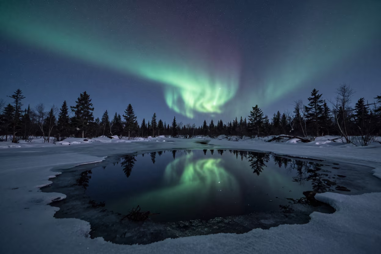 Orion Constellation Over Frozen Peat Bog in beneath a hard winter sky over snowfields in Lapland