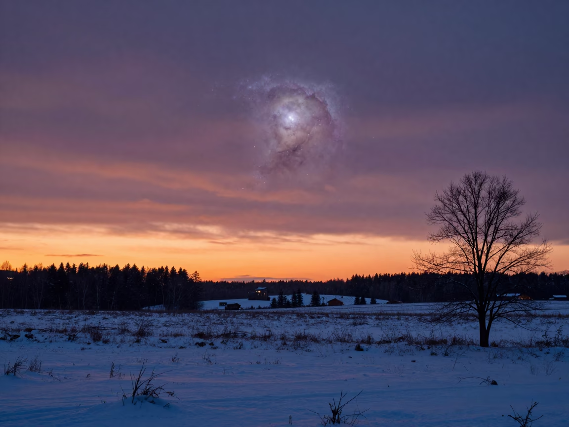 Orion Nebula Over Winter Prairie Sunset in across a wide valley floor near Sodermalm, Stockholm
