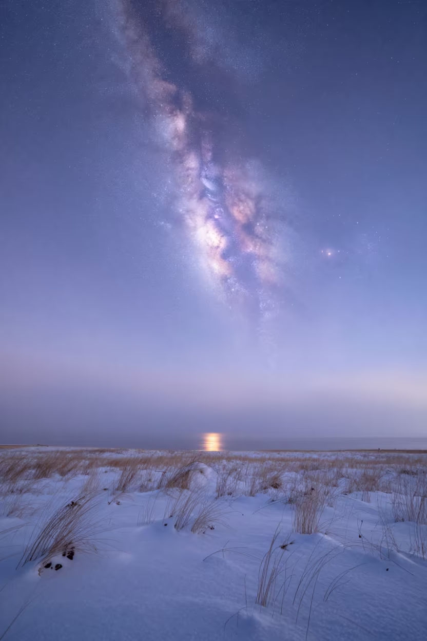 Orion Nebula Over Snowy Prairie in Endless Summer Light in in Canada