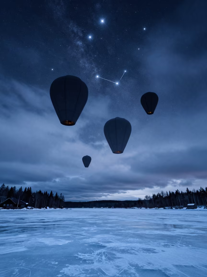 Orion over Frozen Lake with Giant Lanterns in near Stockholm