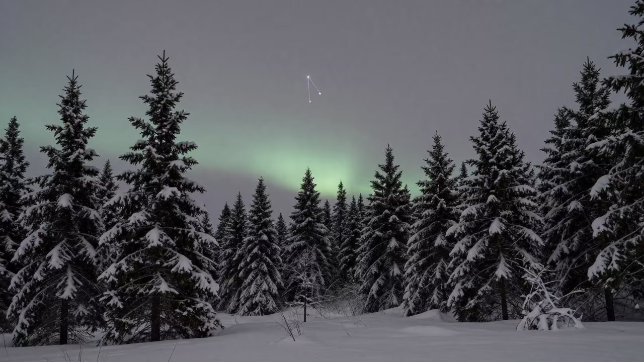 Orion Over Snowy Forest in Predawn Canada in under the clearest stretch of sky in Canada