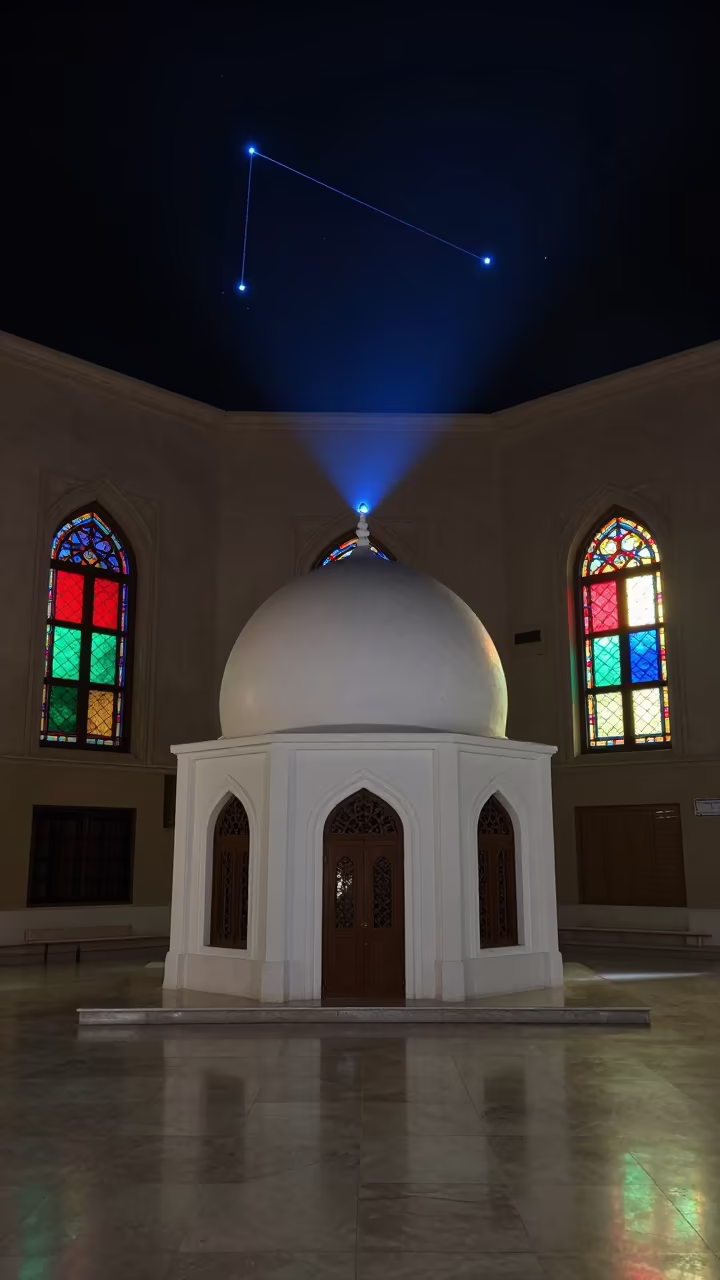 Orion Projected Over Mosque Dome in Jeddah Chapel in in a chapel lit by stained glass in Jeddah