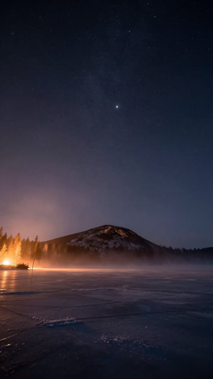 Orion Rising Over Frozen Lake Mist in from a quiet alpine saddle near Sodermalm, Stockholm