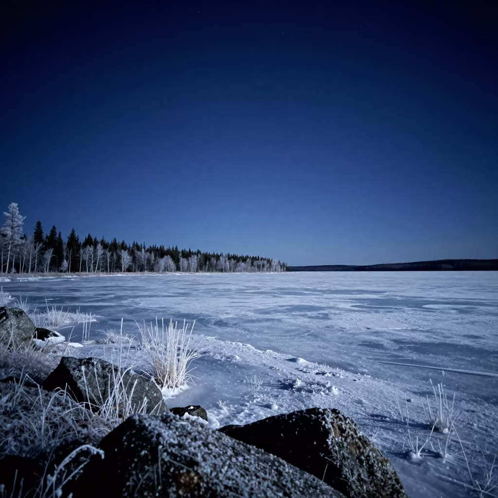Orion Rising Over Frozen Canadian Lake in from a frost-hushed ridgeline in Canada