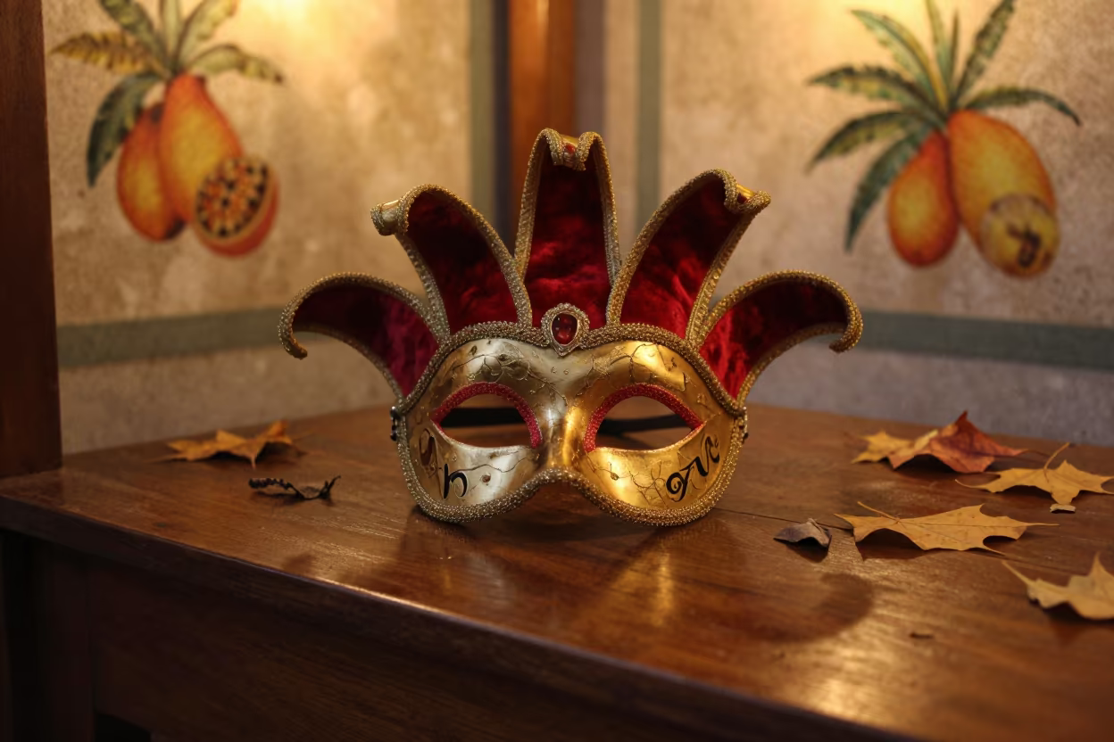 Ornate Carnival Mask Resting on Table in in a ceremonial alcove near São Paulo