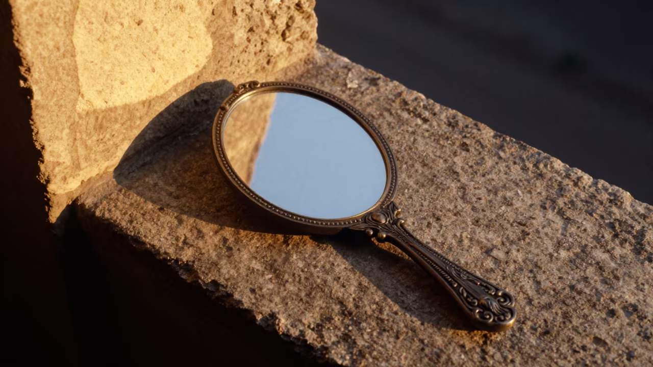 Ornate Hand Mirror on Stone Ledge Kharkiv in on a stone ledge near Kharkiv