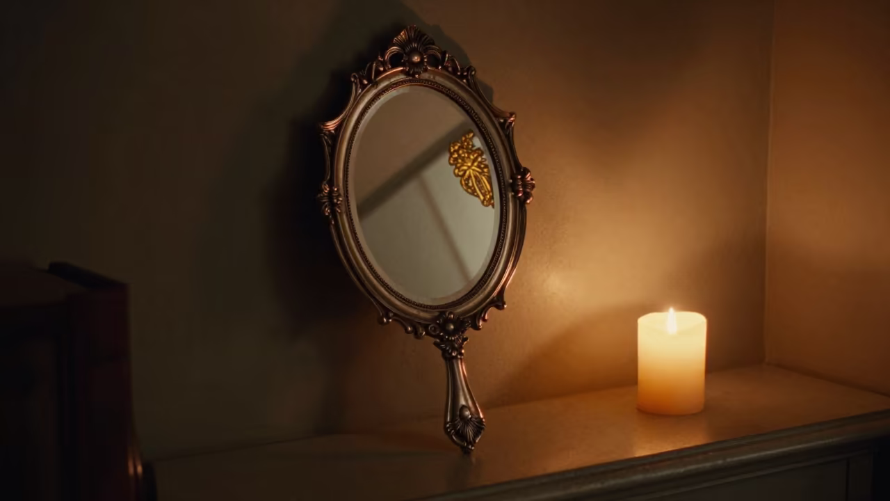 Ornate Silver Hand Mirror Candlelight Wuhan in on a painted display ledge in Wuhan