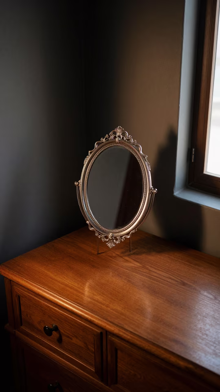 Ornate Silver Hand Mirror on Hotel Dresser Night in on a hotel dresser in Ulhasnagar
