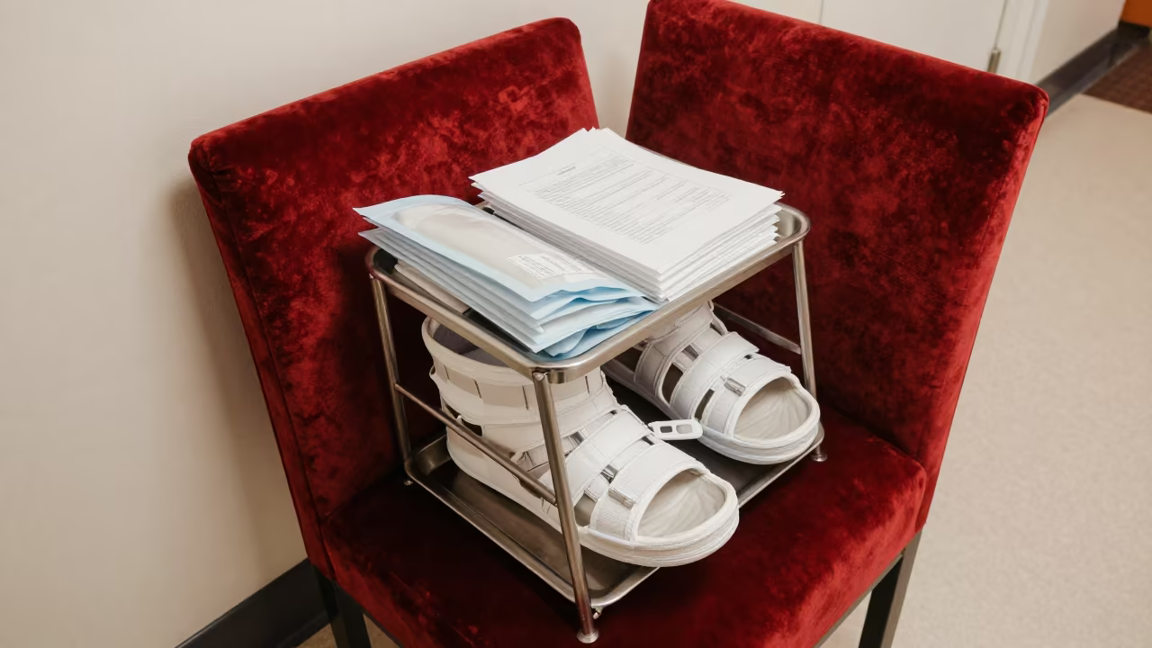 Ortho Cast Shoe Return Rack on Velvet Chair in on a velvet chair in Phoenix