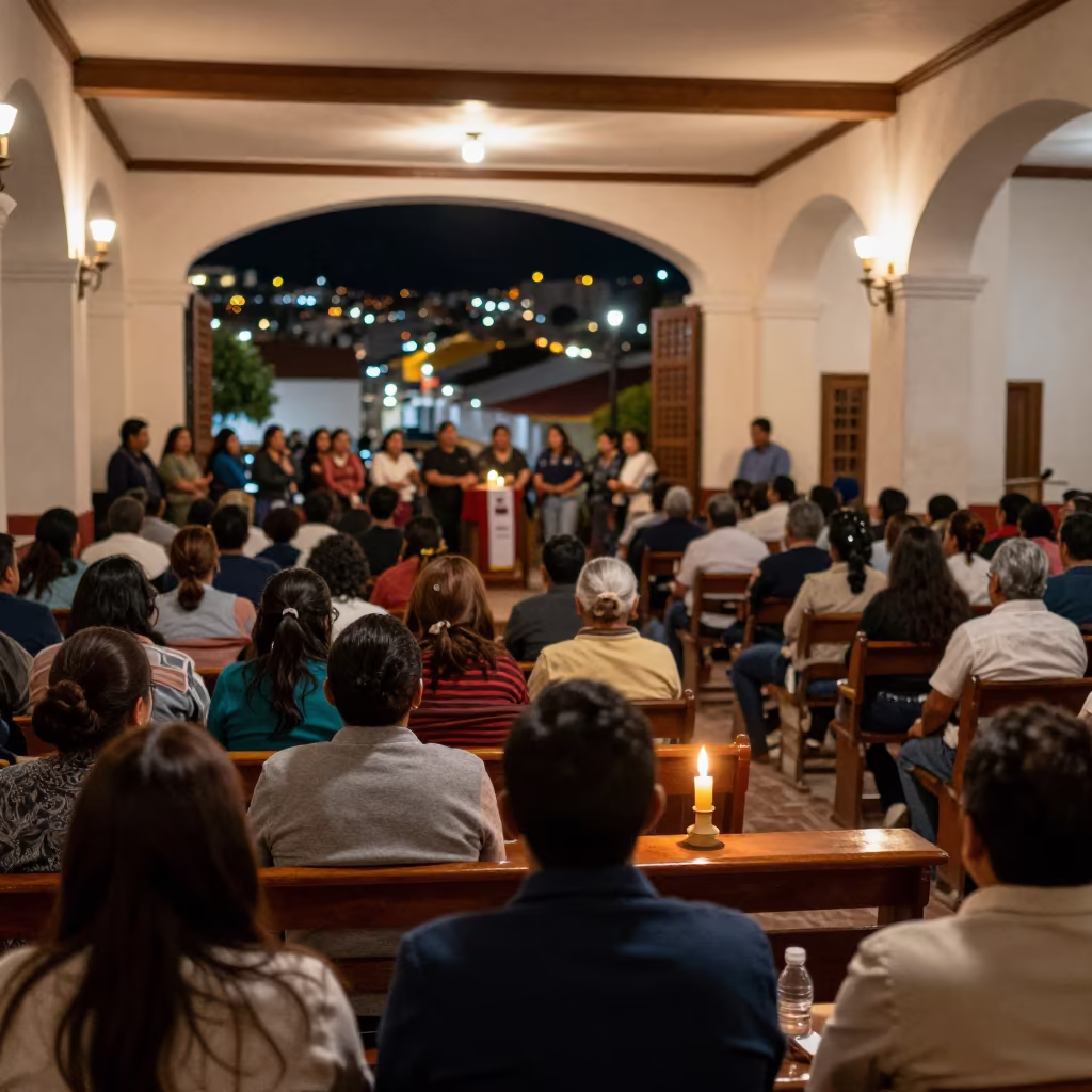 Oruro Council Chamber Crowd Back View in in a community center hall in Oruro
