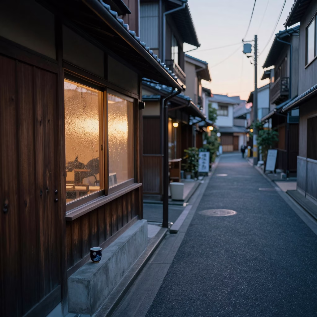Osaka Alleyway Before Dawn with Grease Sheen on Window Sill and Ceramic Mug in in Osaka, Japan