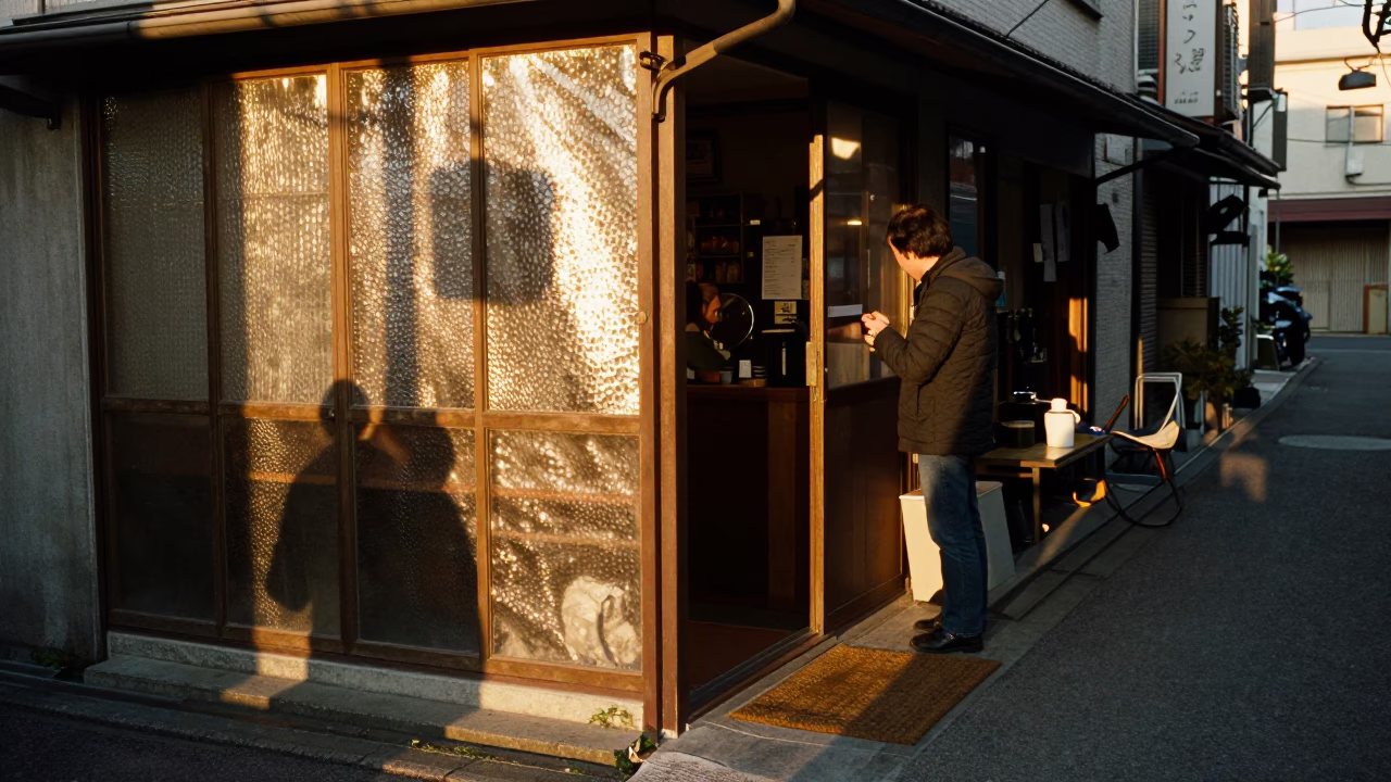 Osaka alleyway evening light catches hammered metal near shop entrance in in Osaka, Japan