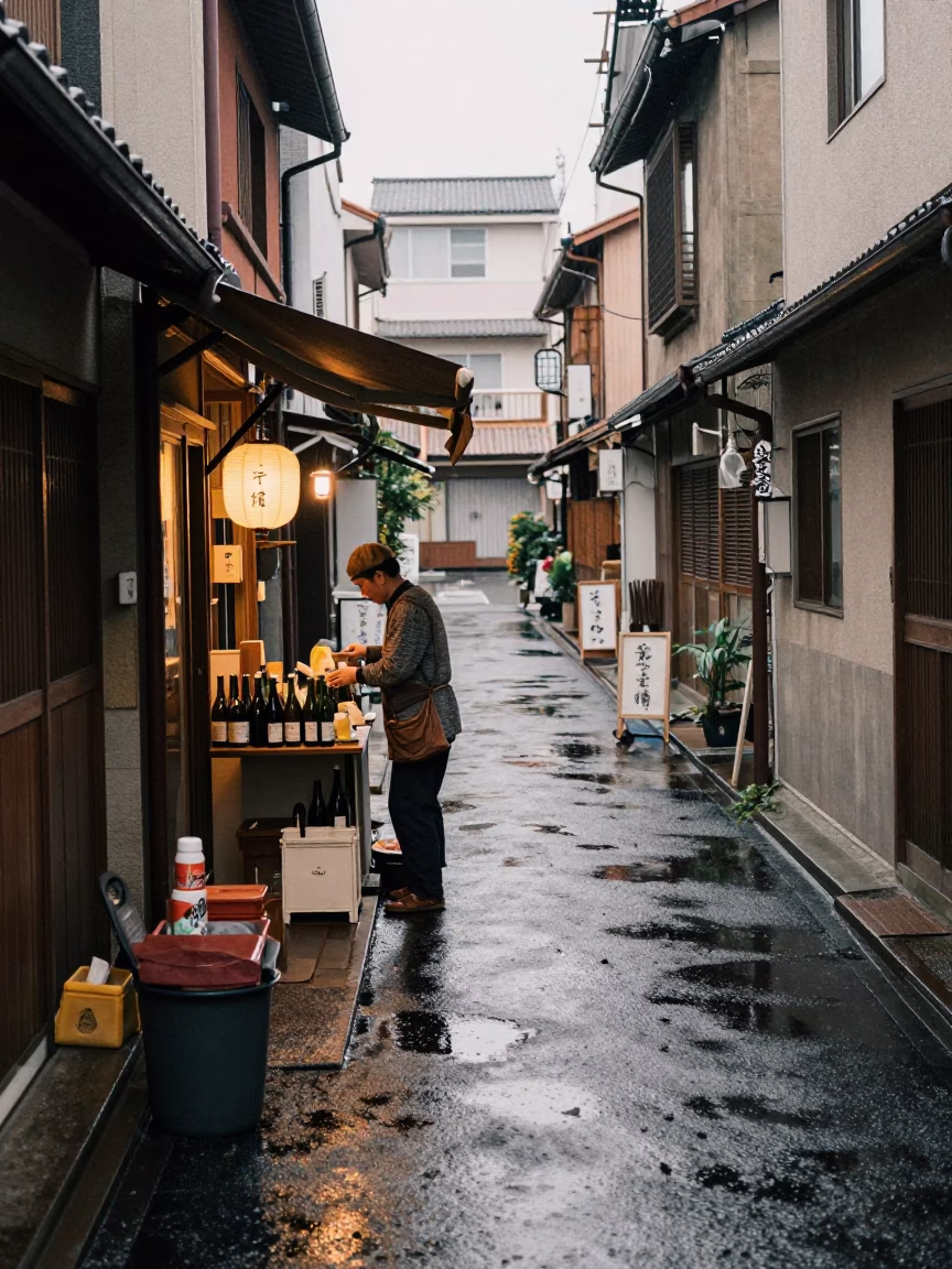 Osaka alleyway first light after rain shopkeeper arranging glass bottles in in Osaka, Japan