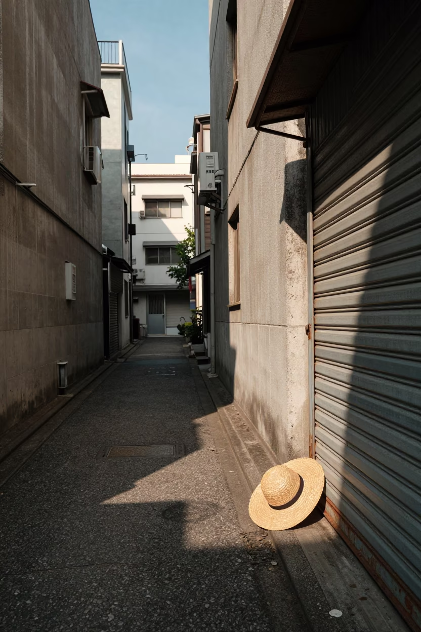 Osaka alleyway late afternoon light with straw hat and broom in in Osaka, Japan