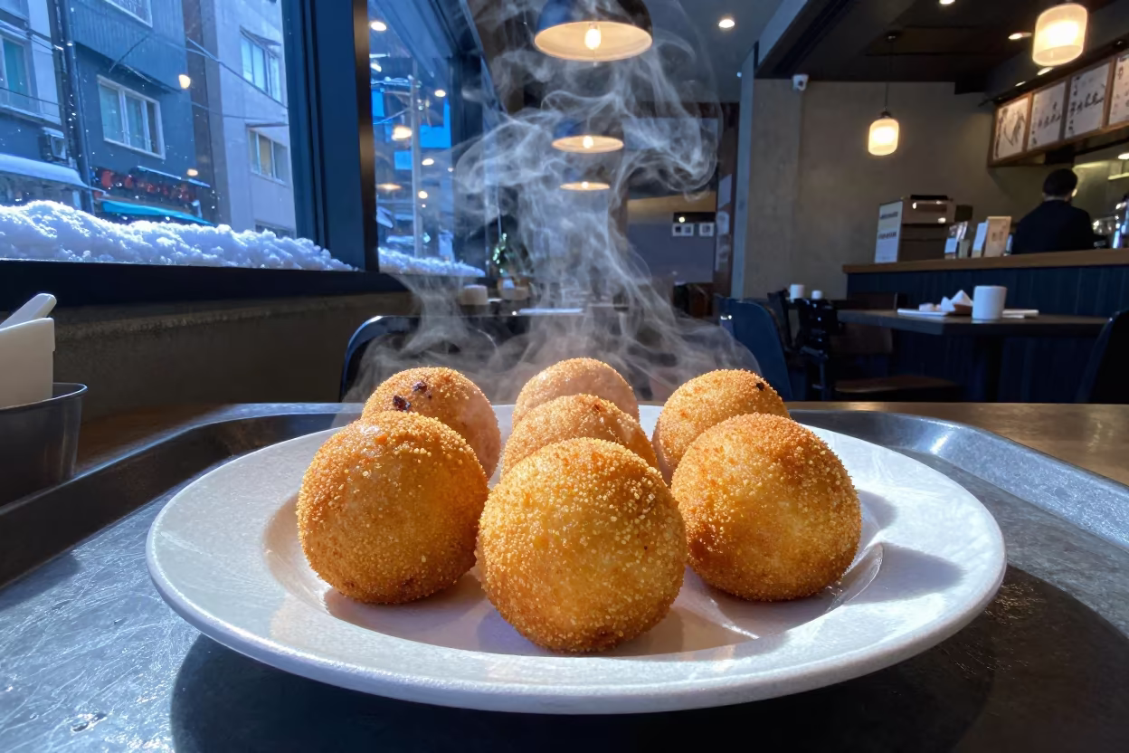 Osaka Arancini Snow and Sun in on a linen-covered restaurant table in Osaka