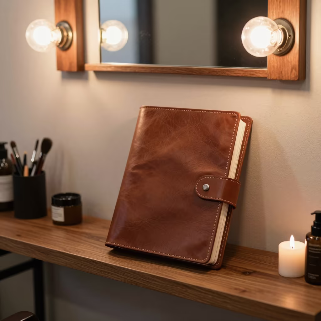 Osaka Barber Consult Binder Shelf Reset in at a barber station beneath mirror bulbs in Osaka