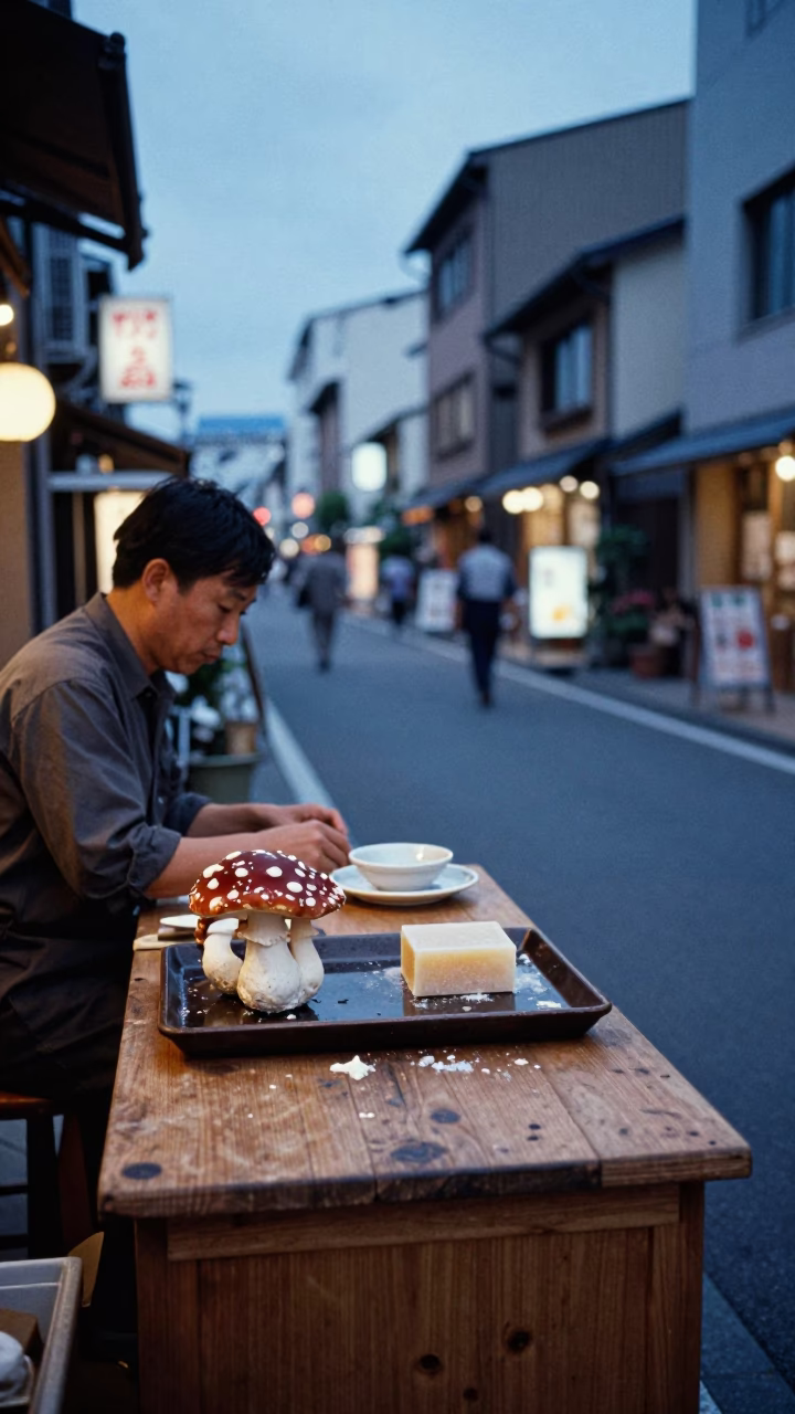 Osaka Blue Hour Street Scene with Darning Mushroom and Vintage Soap Residue in in Osaka, Japan