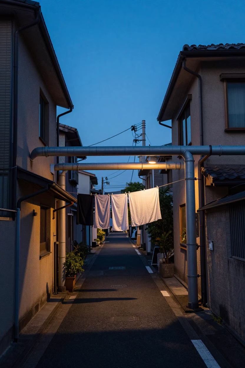 Osaka Blue Hour Street Scene with Drying Laundry and Urban Infrastructure in in Osaka, Japan