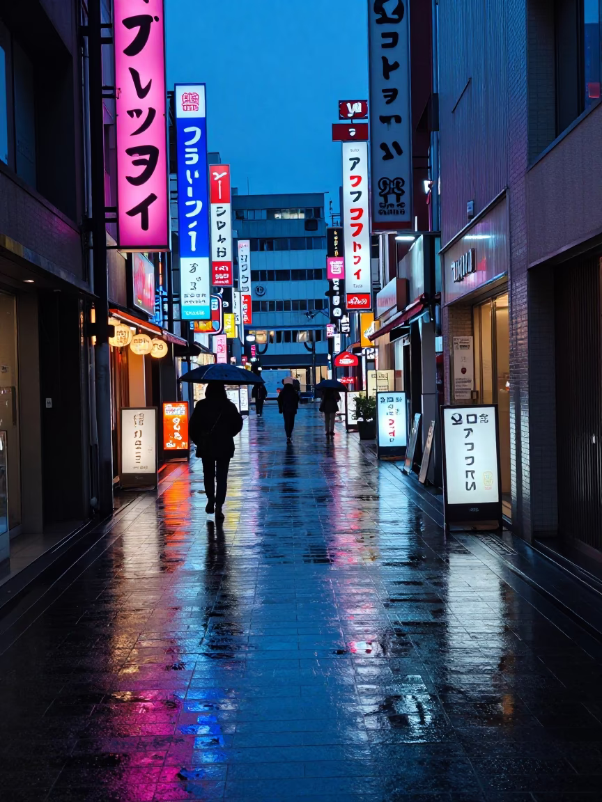 Osaka Blue Hour Street Scene with Neon Reflections on Wet Pavement in in Osaka, Japan