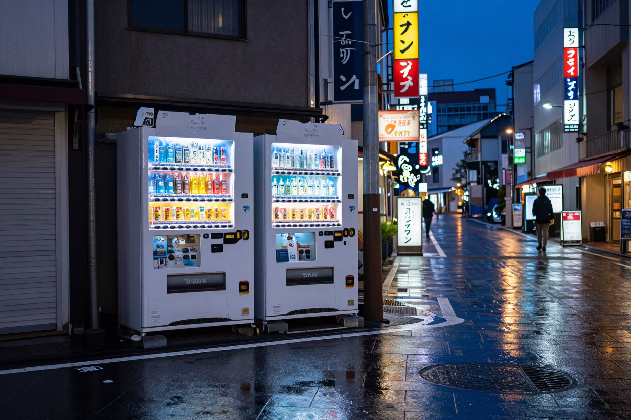 Osaka Blue Hour Street Scene with Vending Machines and Neon Reflections in in Osaka, Japan