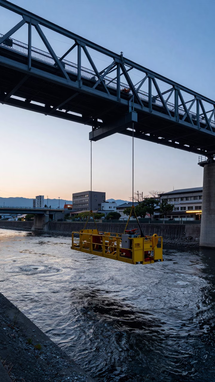 Osaka Bridge Maintenance Cradle Hanging Over Cold River Water Before Dawn in in Osaka, Japan