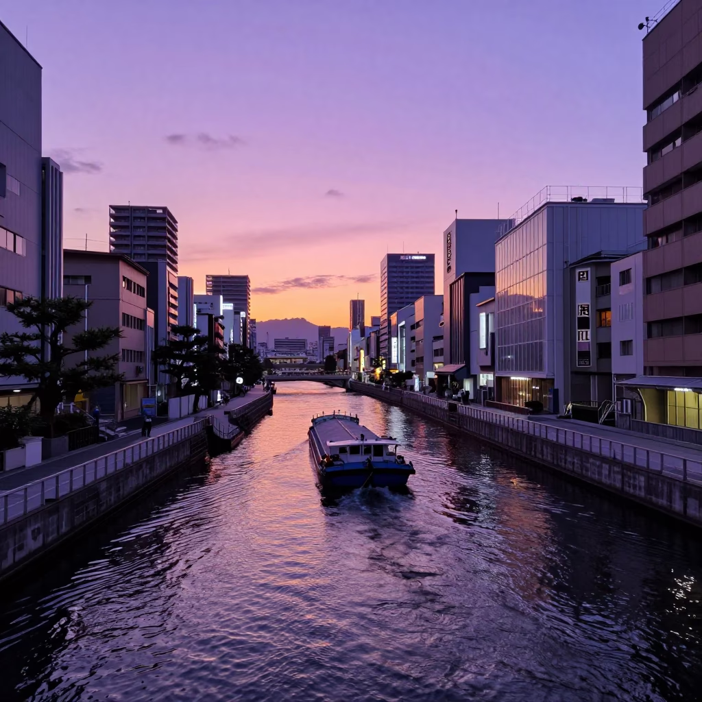 Osaka Canal Scene at Sunset Light in in Osaka, Japan