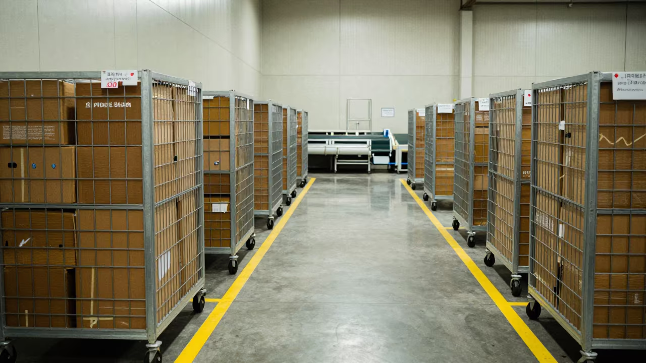 Osaka Cross Dock Lane Rolling Cages Outbound in at a parcel sorting belt in Osaka