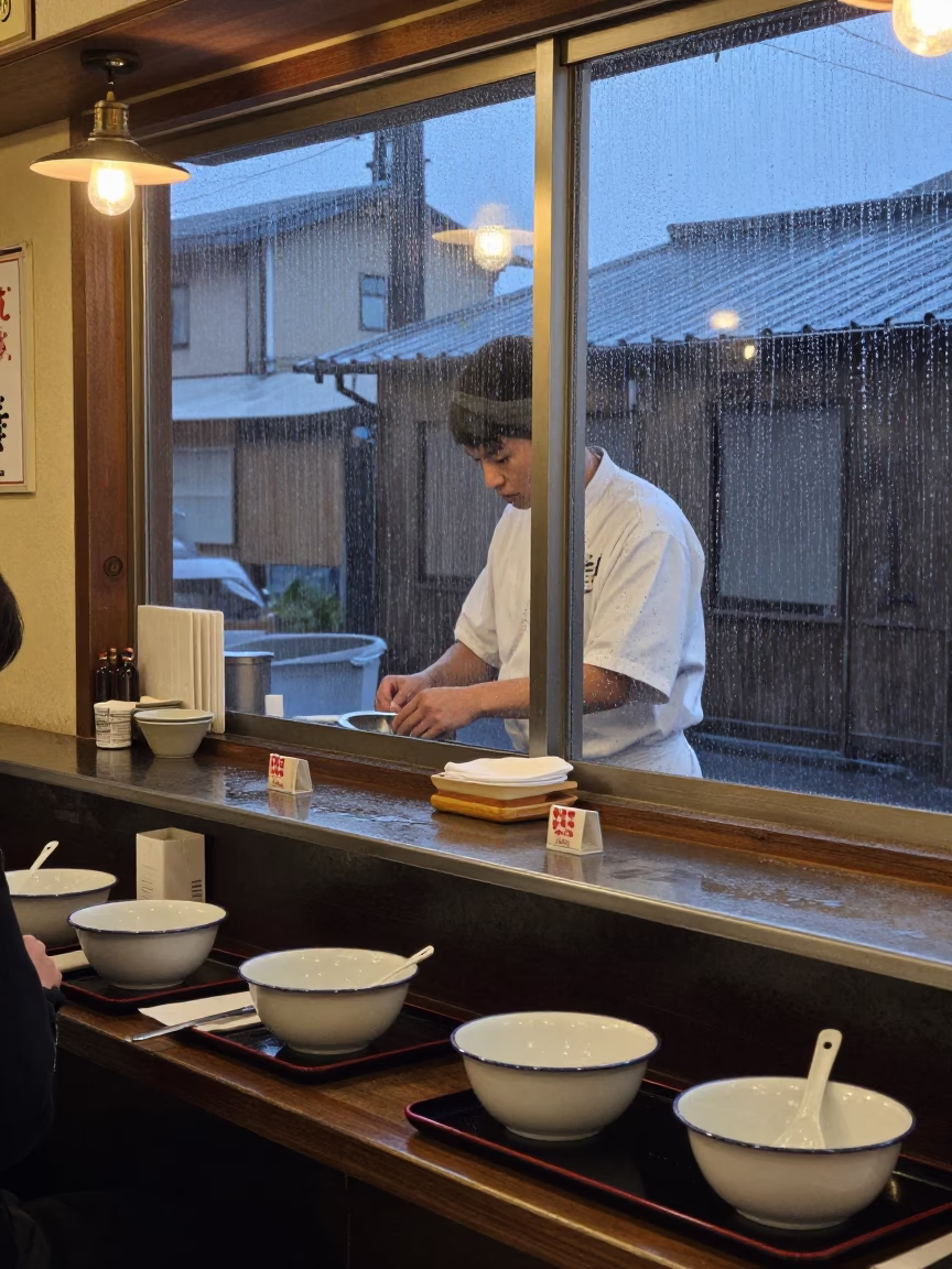 Osaka Diner Counter Scene with Enamel Bowls Under Dusk Rain in in Osaka, Japan