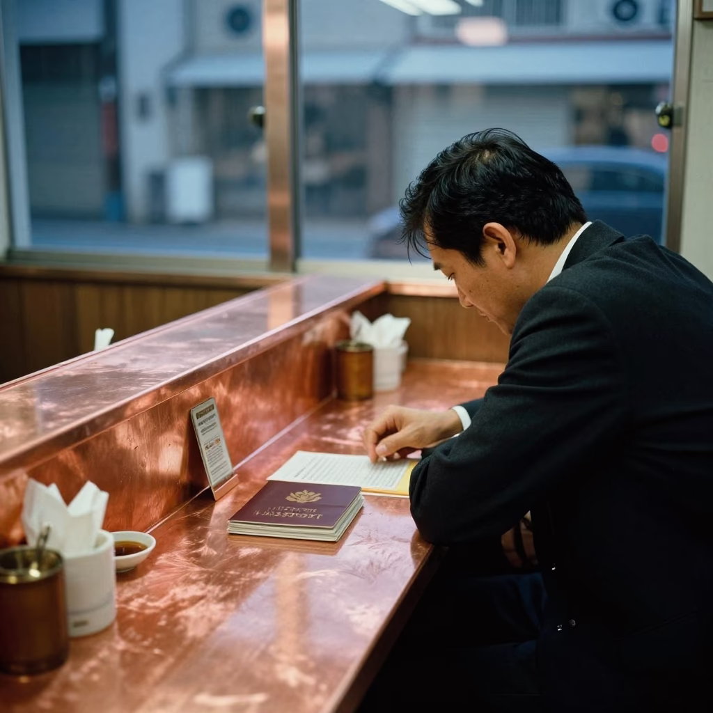 Osaka Diner Counter with Passport and Keycard in Copper Dusk Light 1980s Japan in in Osaka, Japan