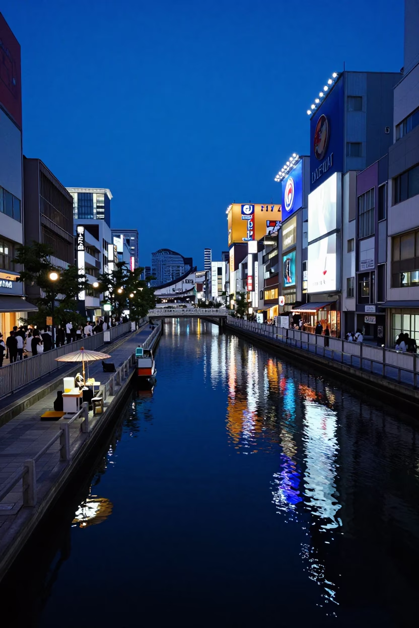 Osaka Dotonbori Canal Evening Reflections with Folding Parasol and Neon Lights in in Osaka, Japan