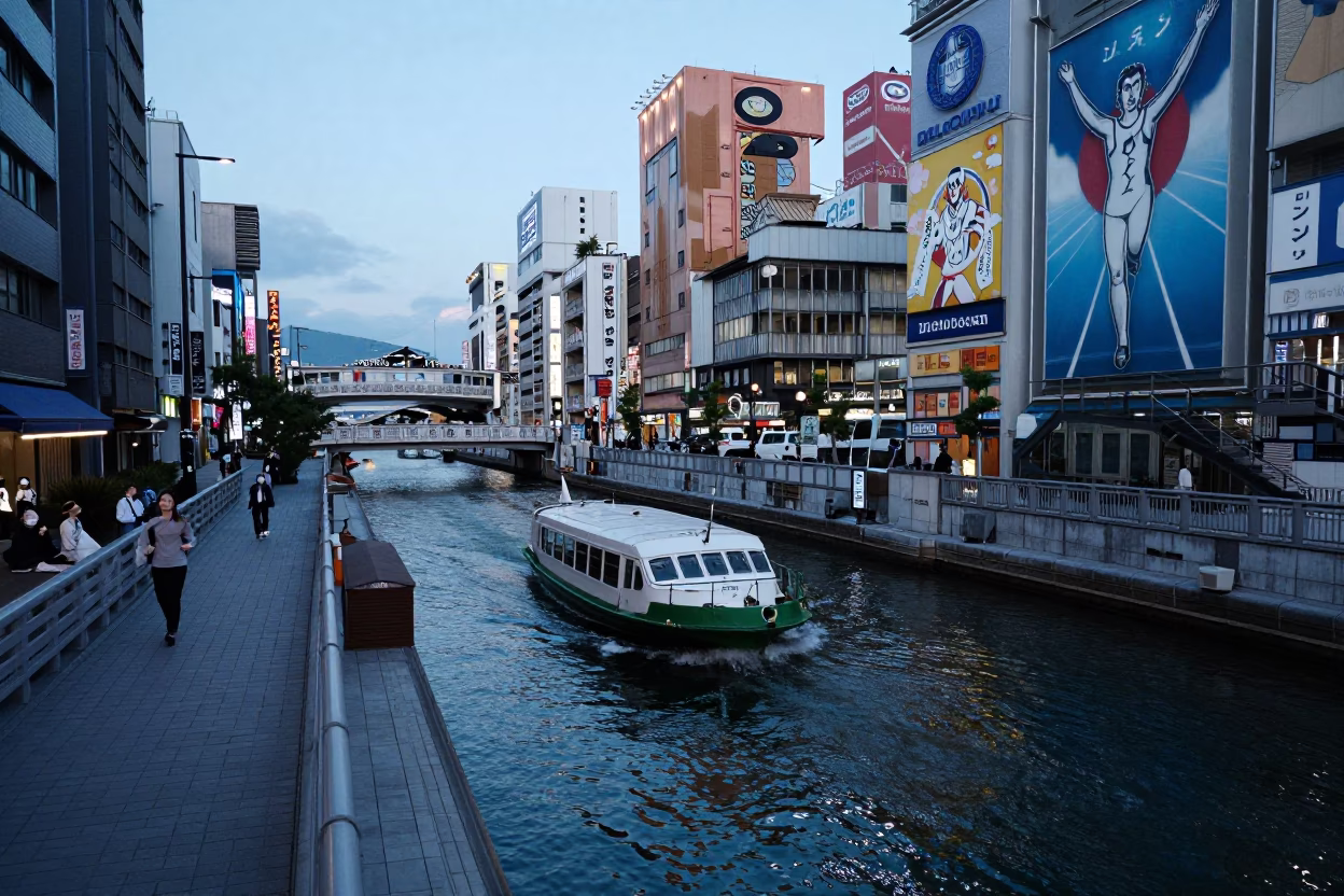 Osaka Dotonbori Canal Evening Scene with Ferry and Urban Reflections in in Osaka, Japan