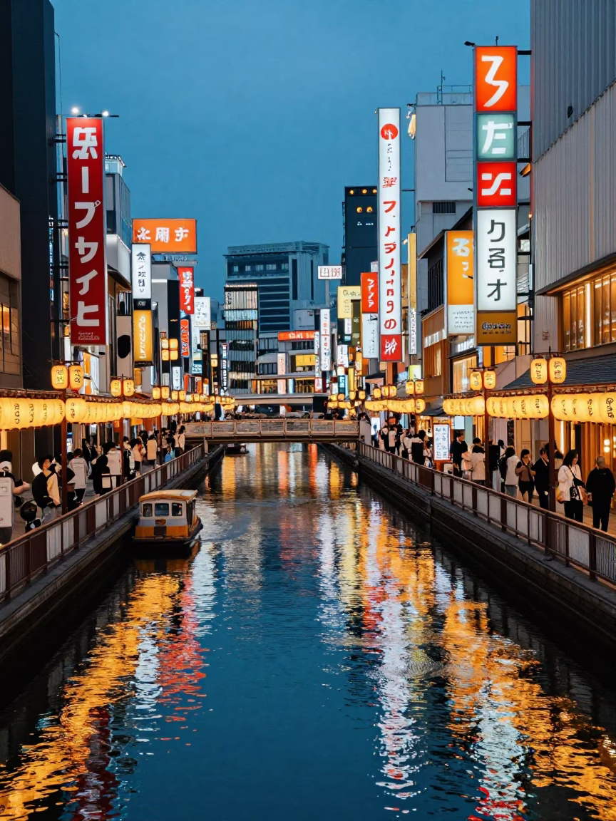 Osaka Dotonbori Canal Evening Street Scene with Traditional Lanterns and Urban Reflections in in Osaka, Japan