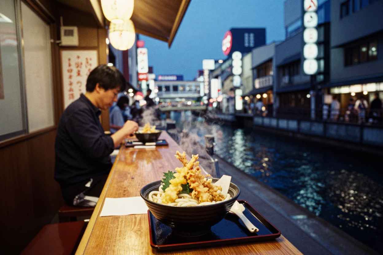 Osaka Dotonbori Canal Twilight Street Scene with Udon and Neon Reflections in in Osaka, Japan