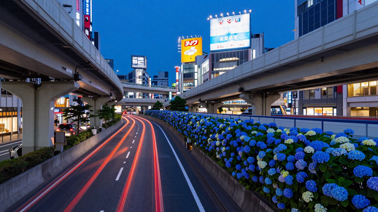 Osaka Dotonbori Evening Overpass Taillight Streaks and Hydrangea Bush in in Osaka, Japan