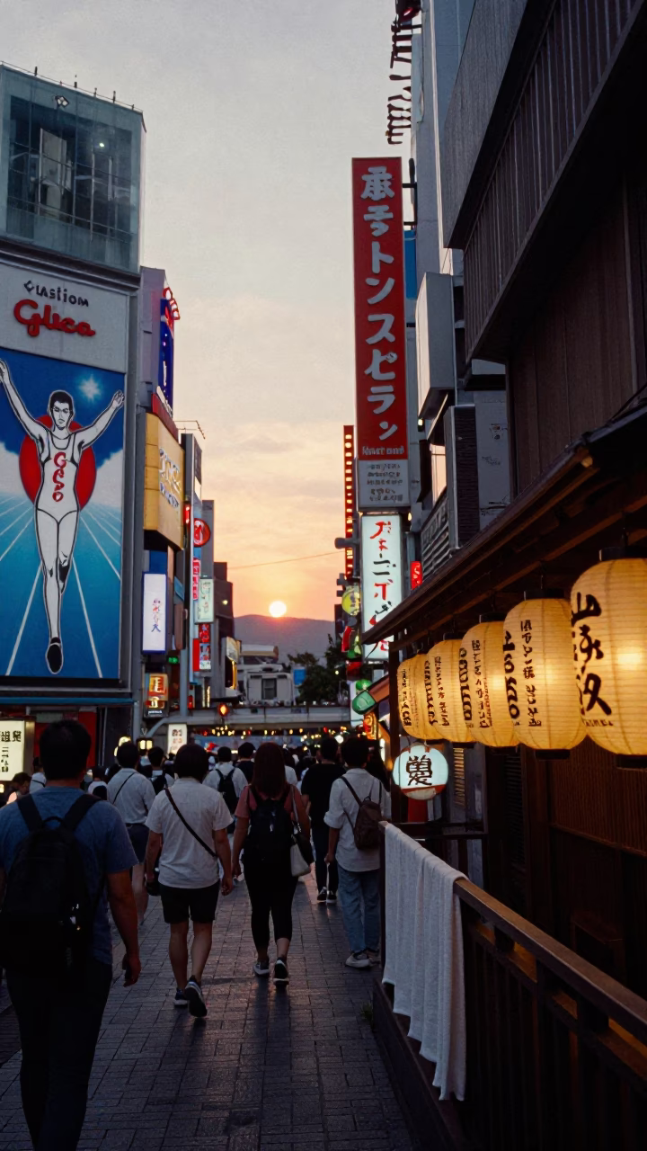 Osaka Dotonbori Evening Street Scene with Hanging Towels and Neon Reflections in in Osaka, Japan